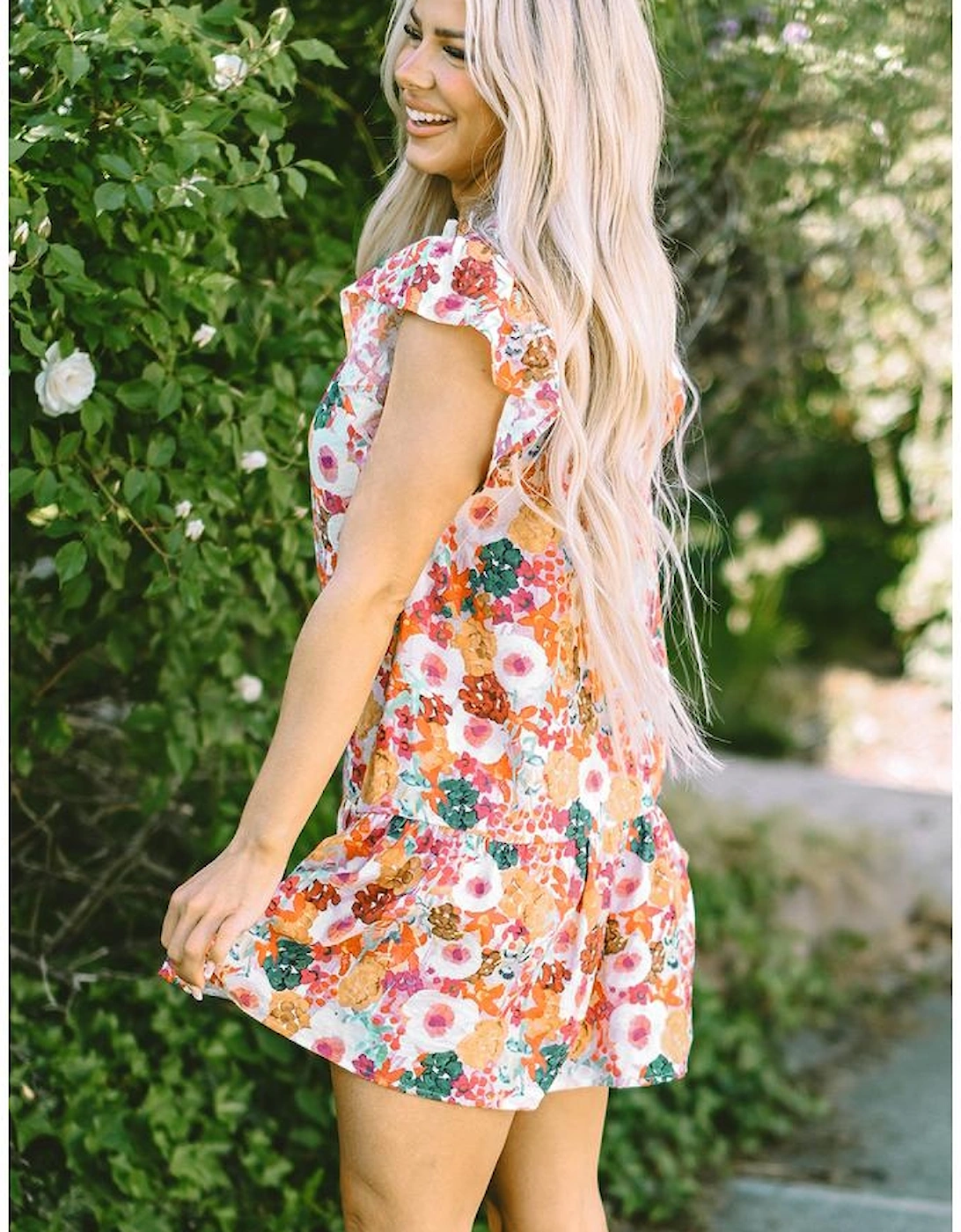 Purple Floral Print Split Neck Flutter Sleeve Dress