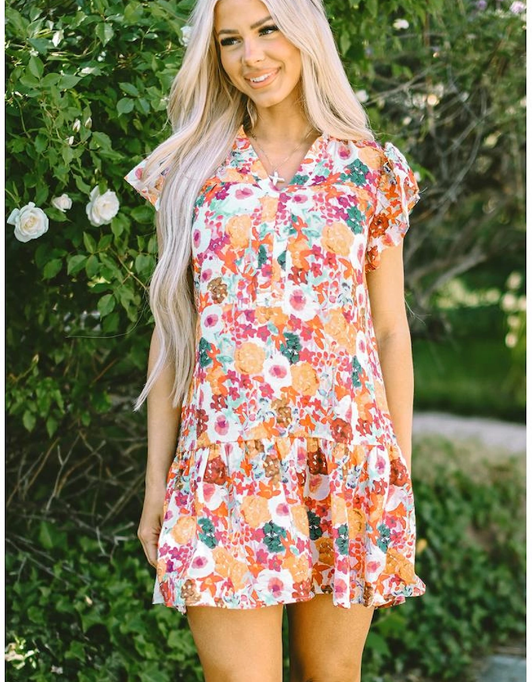 Purple Floral Print Split Neck Flutter Sleeve Dress