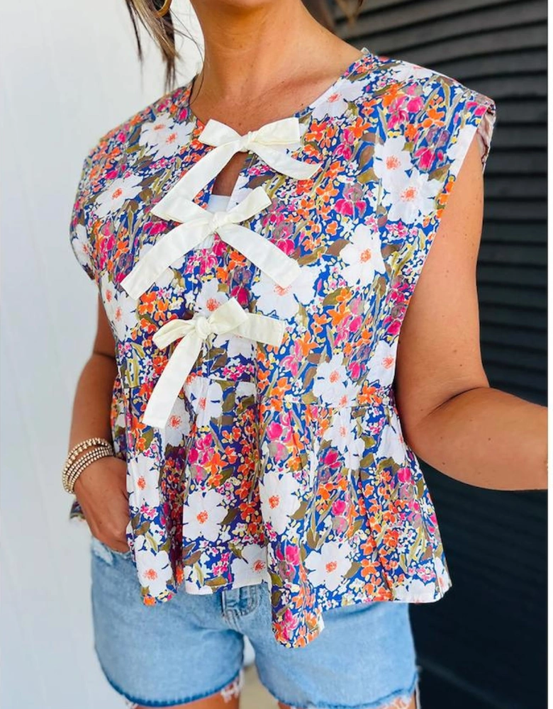 Rose Green Floral Print Bow Applique Slit Sleeveless Peplum Blouse