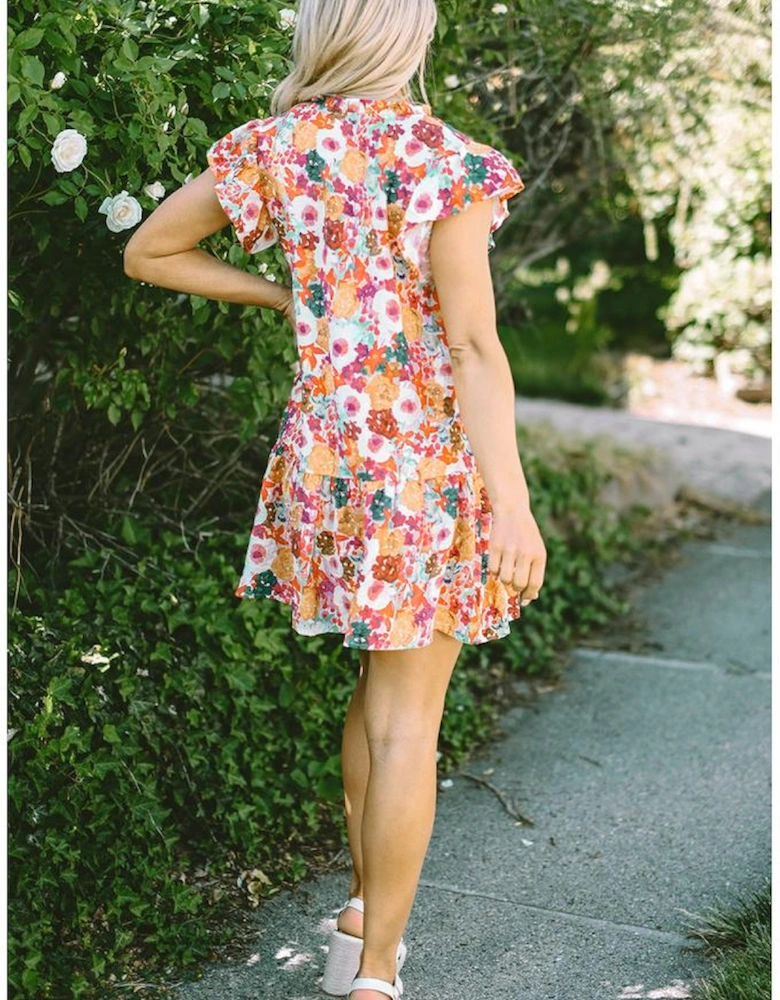 Purple Floral Print Split Neck Flutter Sleeve Dress