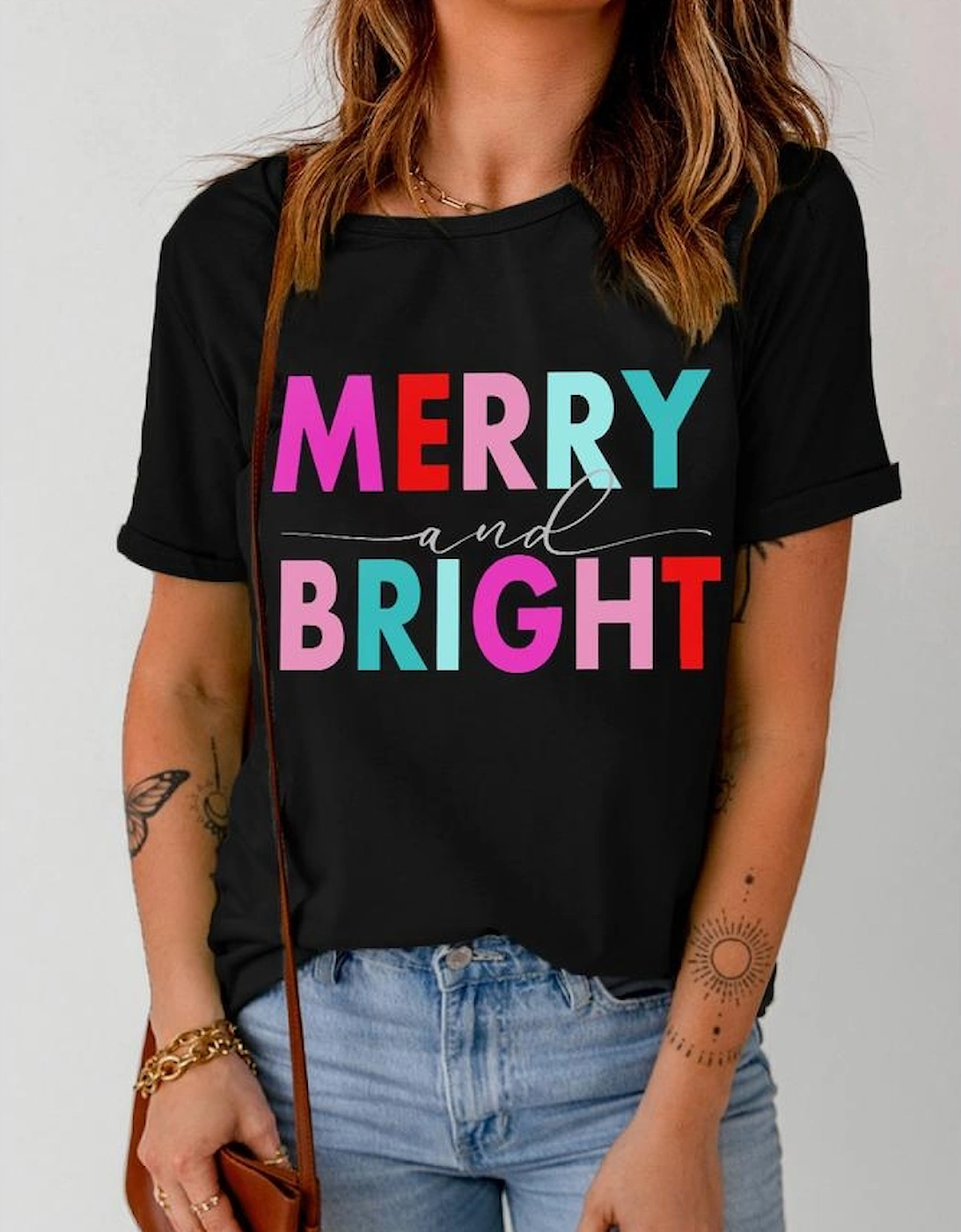 Black MERRY and BRIGHT Crew Neck Graphic Tee
