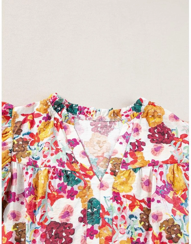 Purple Floral Print Split Neck Flutter Sleeve Dress