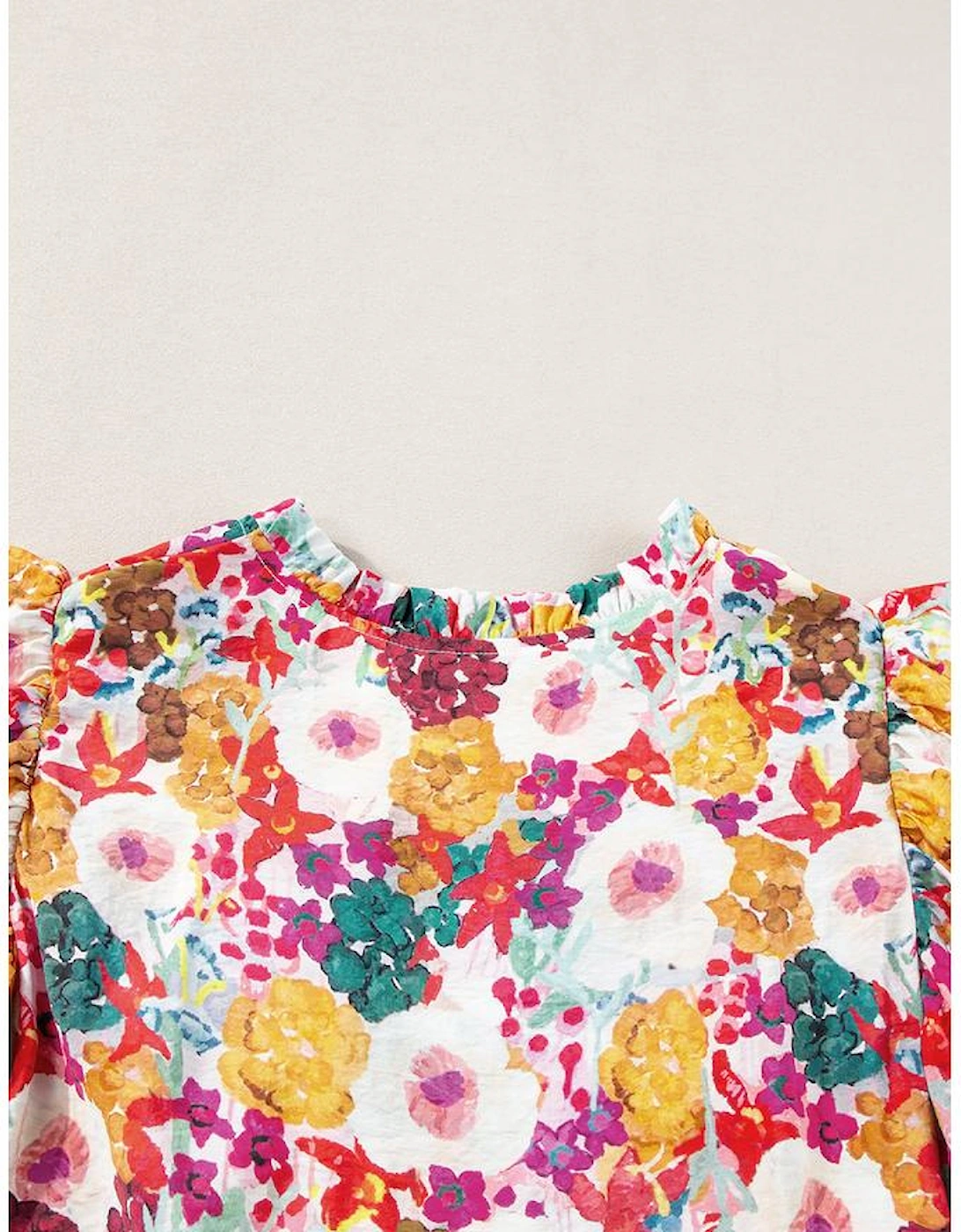 Purple Floral Print Split Neck Flutter Sleeve Dress