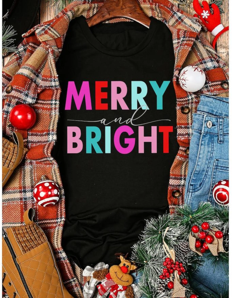 Black MERRY and BRIGHT Crew Neck Graphic Tee