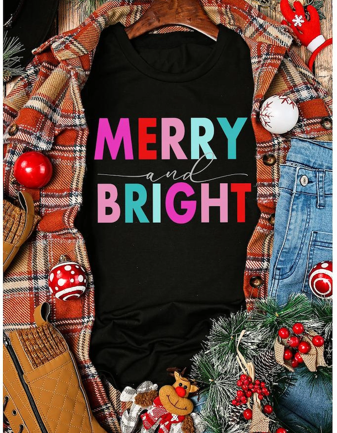Black MERRY and BRIGHT Crew Neck Graphic Tee
