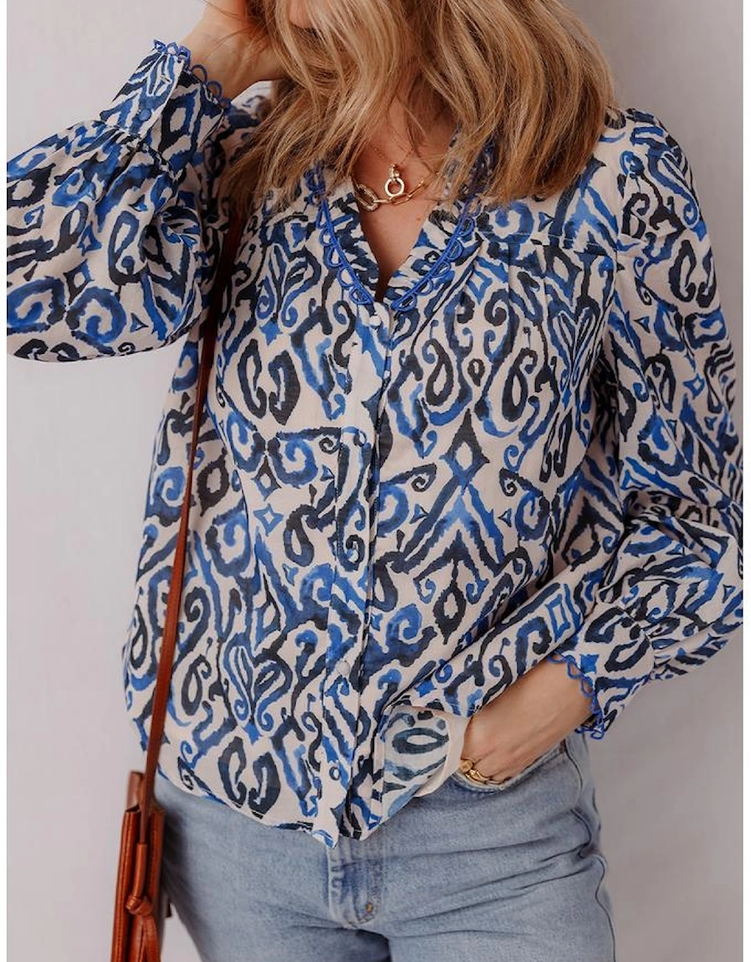 Blue Bohemian Print Embroidered V Neckline Detail Long Sleeve Shirt