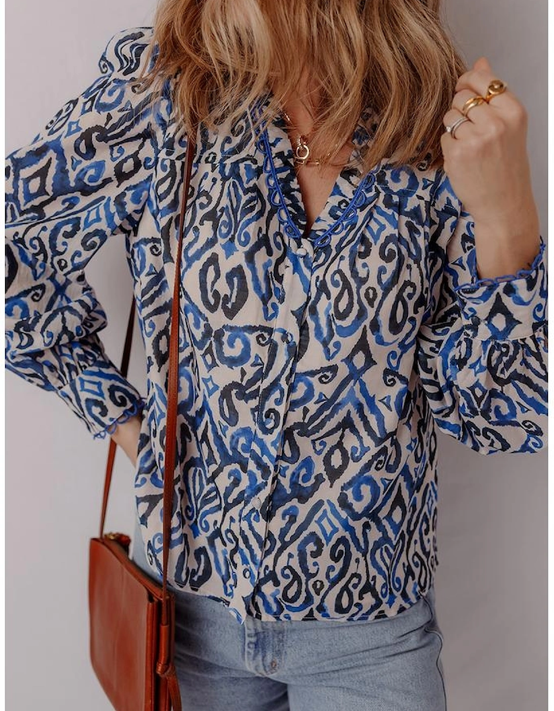 Blue Bohemian Print Embroidered V Neckline Detail Long Sleeve Shirt