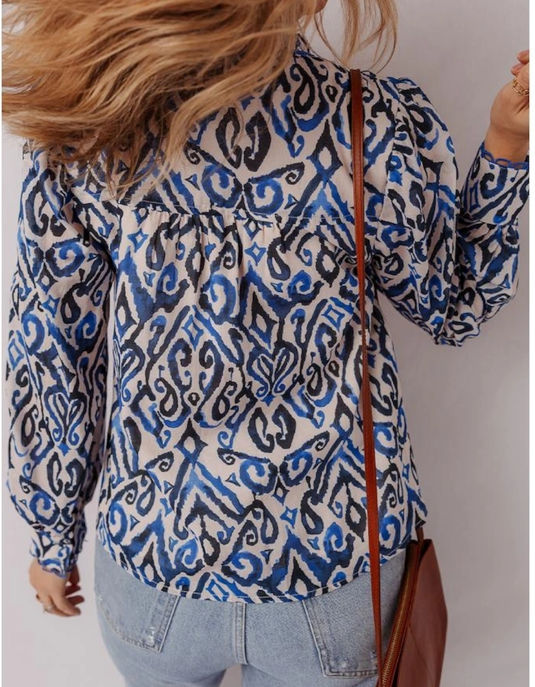 Blue Bohemian Print Embroidered V Neckline Detail Long Sleeve Shirt