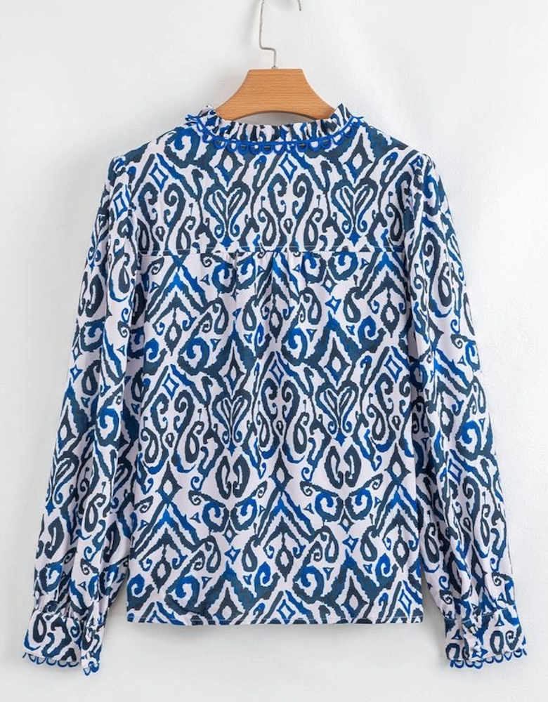 Blue Bohemian Print Embroidered V Neckline Detail Long Sleeve Shirt