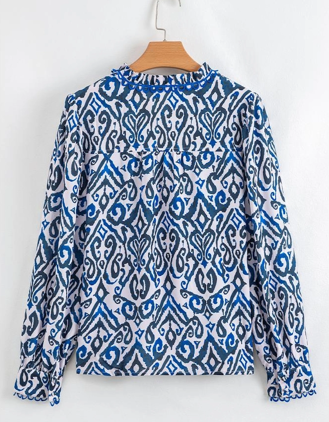 Blue Bohemian Print Embroidered V Neckline Detail Long Sleeve Shirt