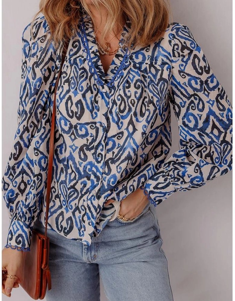 Blue Bohemian Print Embroidered V Neckline Detail Long Sleeve Shirt