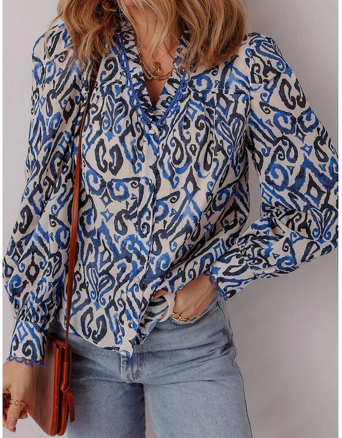 Blue Bohemian Print Embroidered V Neckline Detail Long Sleeve Shirt, 16 of 15