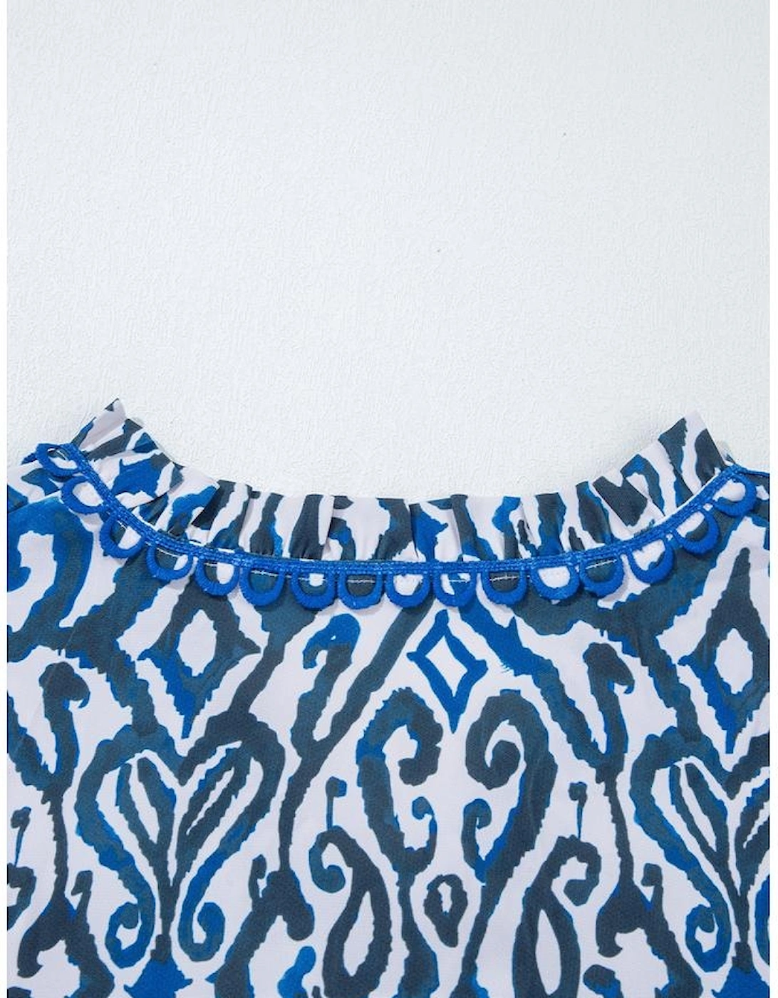 Blue Bohemian Print Embroidered V Neckline Detail Long Sleeve Shirt