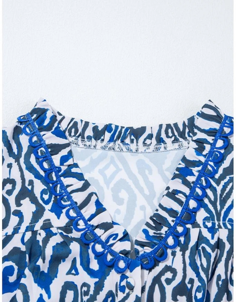 Blue Bohemian Print Embroidered V Neckline Detail Long Sleeve Shirt