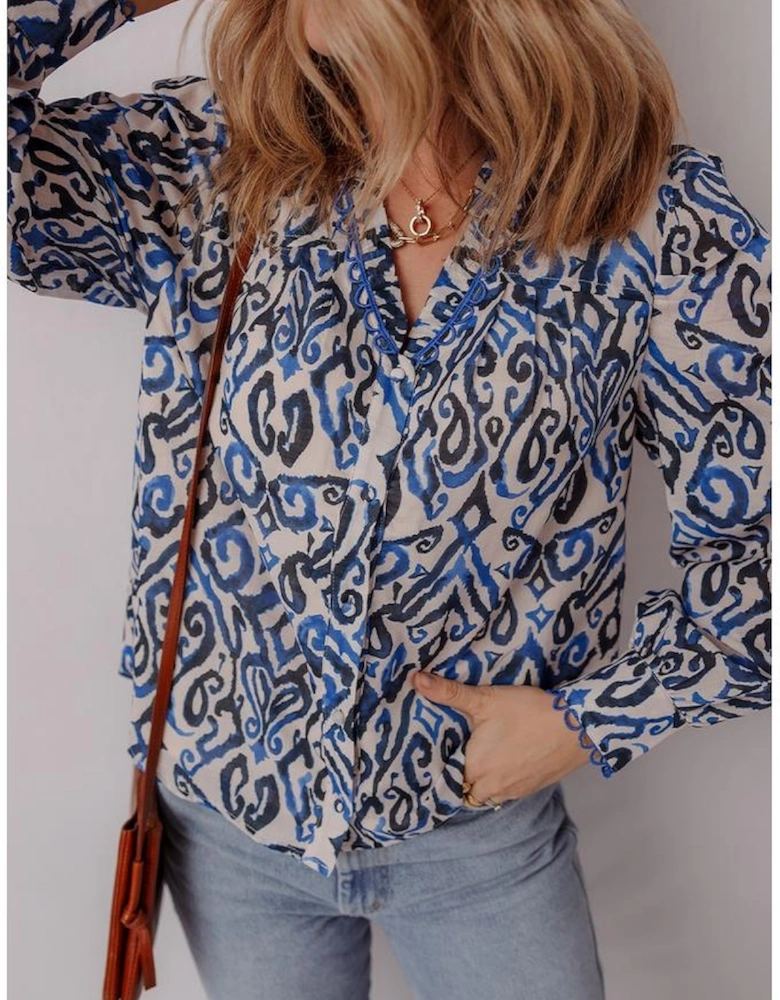 Blue Bohemian Print Embroidered V Neckline Detail Long Sleeve Shirt