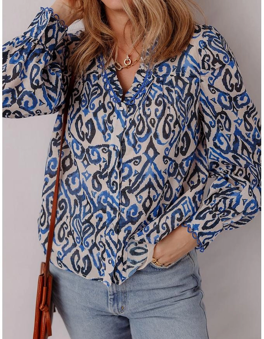 Blue Bohemian Print Embroidered V Neckline Detail Long Sleeve Shirt