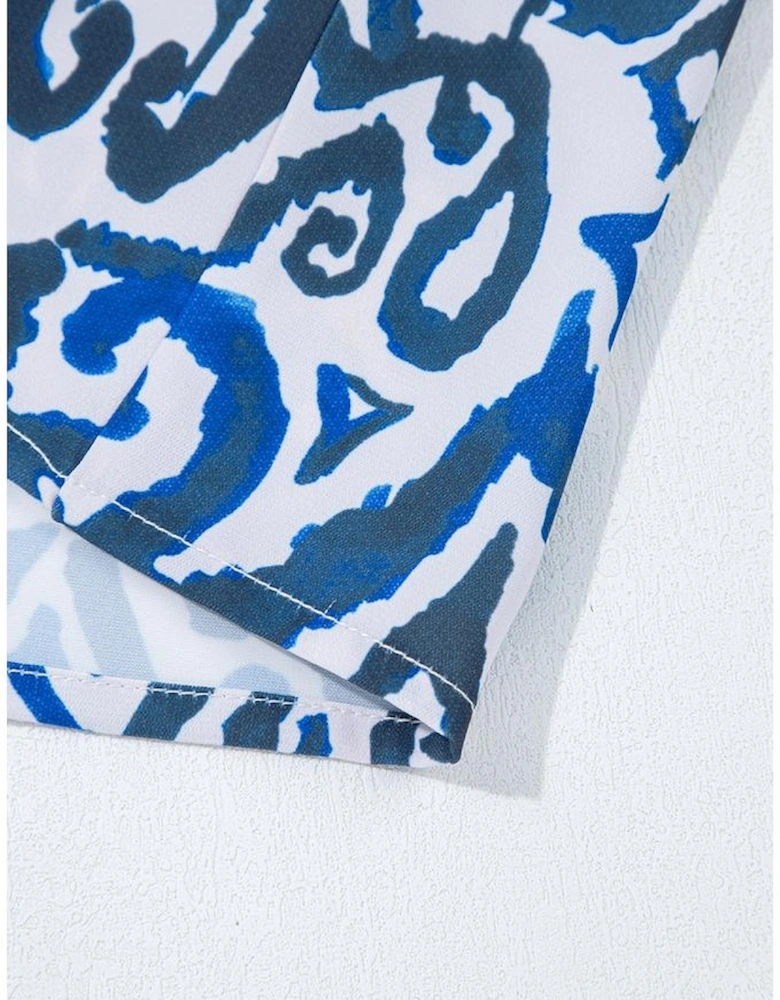 Blue Bohemian Print Embroidered V Neckline Detail Long Sleeve Shirt