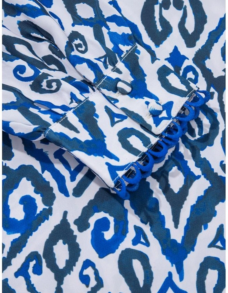 Blue Bohemian Print Embroidered V Neckline Detail Long Sleeve Shirt