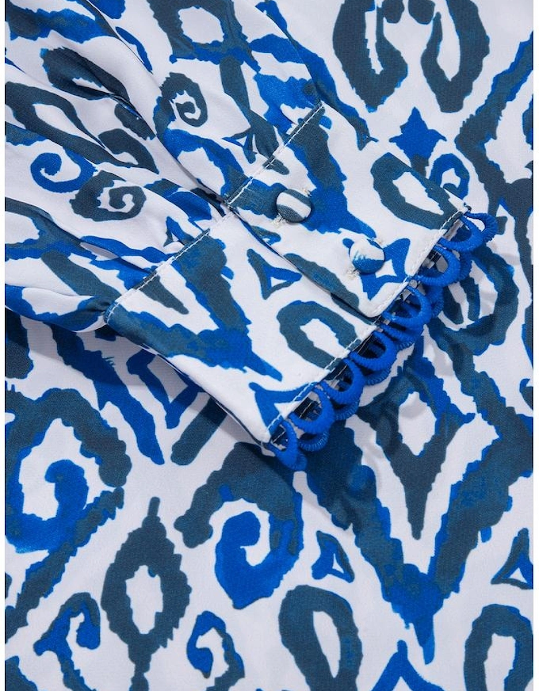 Blue Bohemian Print Embroidered V Neckline Detail Long Sleeve Shirt