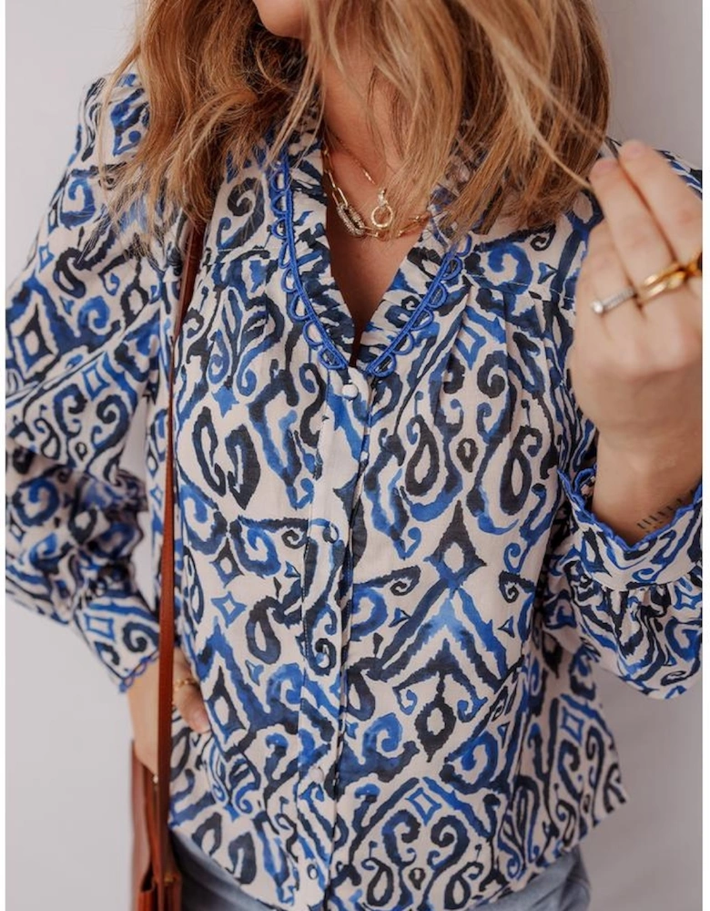 Blue Bohemian Print Embroidered V Neckline Detail Long Sleeve Shirt