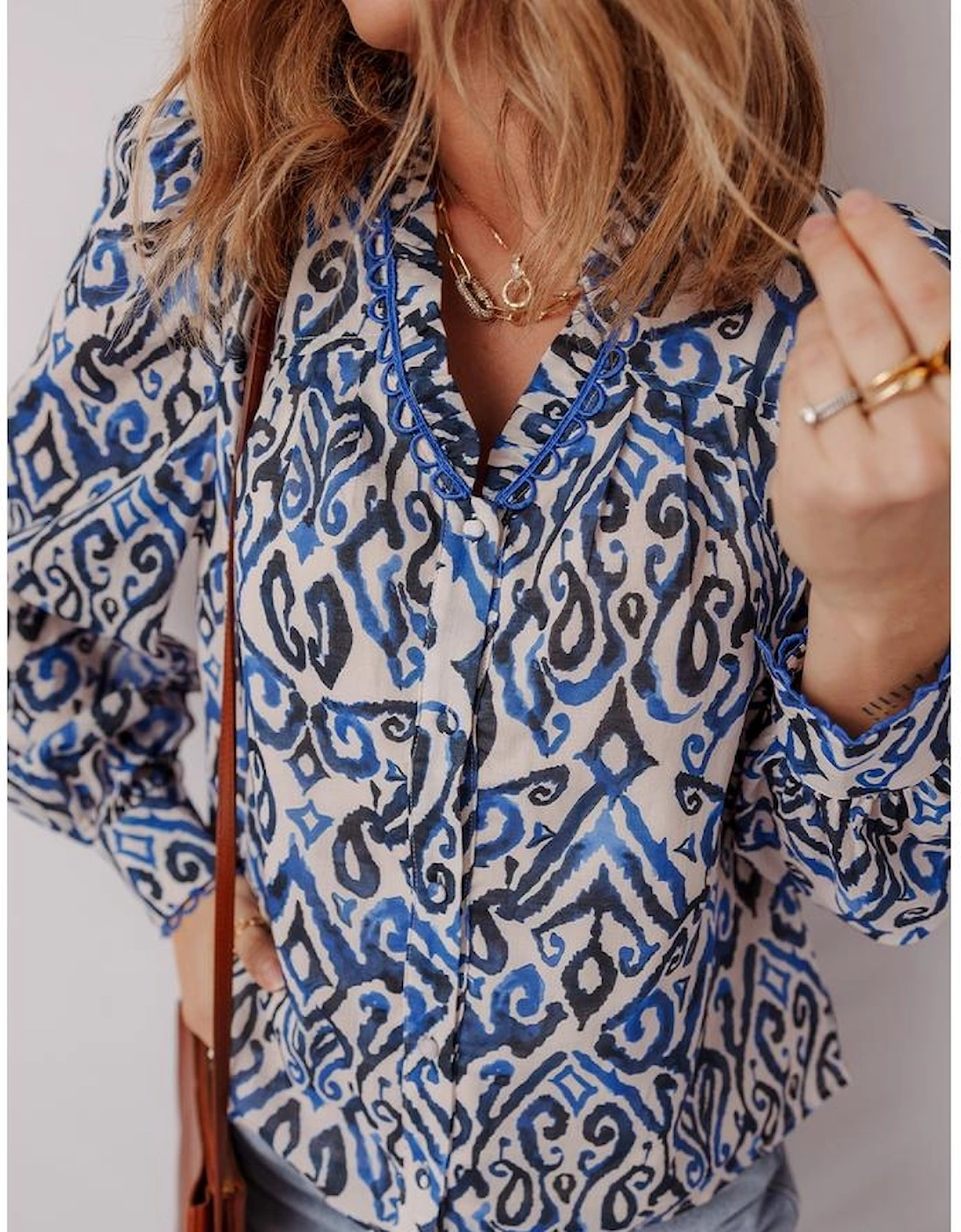 Blue Bohemian Print Embroidered V Neckline Detail Long Sleeve Shirt