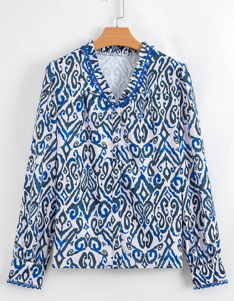 Blue Bohemian Print Embroidered V Neckline Detail Long Sleeve Shirt