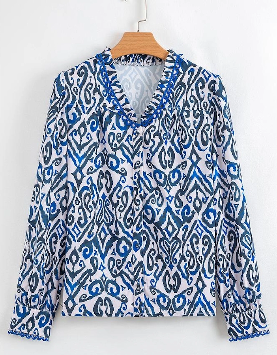 Blue Bohemian Print Embroidered V Neckline Detail Long Sleeve Shirt