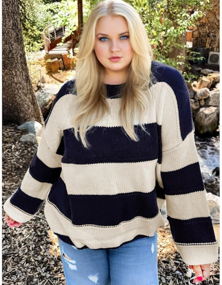 Blue Stripe Color Block PLus Size Drop Shoulder Sweater