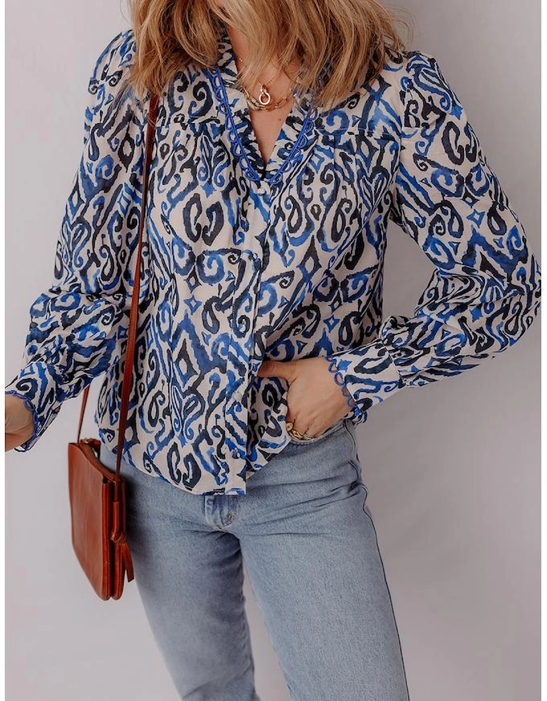 Blue Bohemian Print Embroidered V Neckline Detail Long Sleeve Shirt