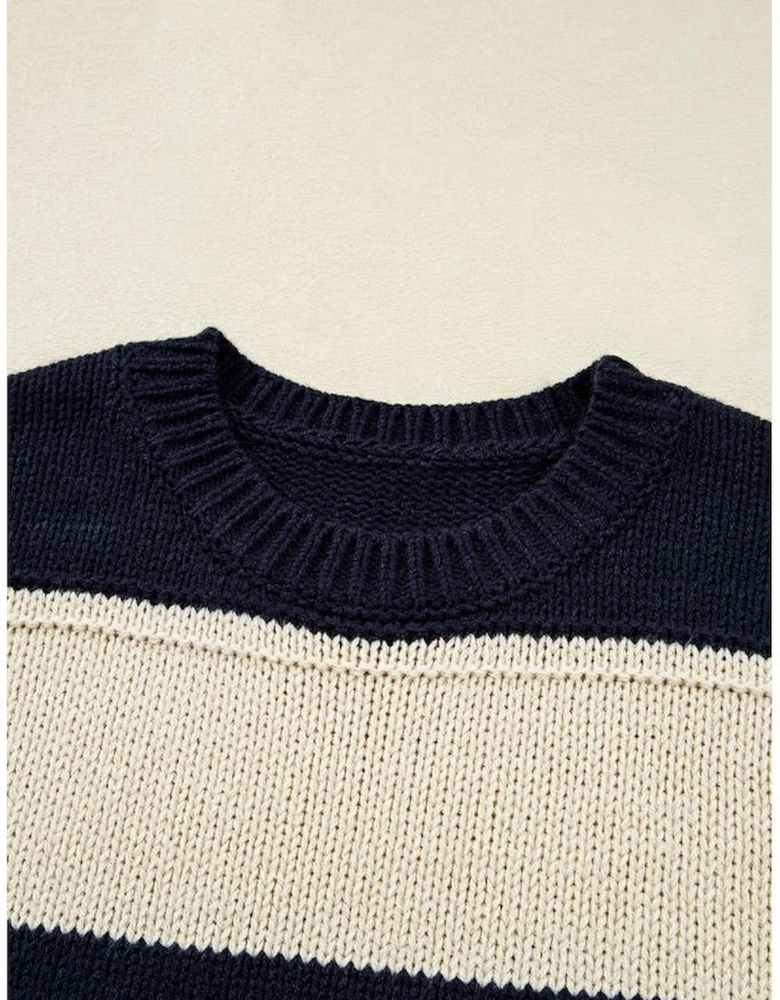 Blue Stripe Color Block PLus Size Drop Shoulder Sweater
