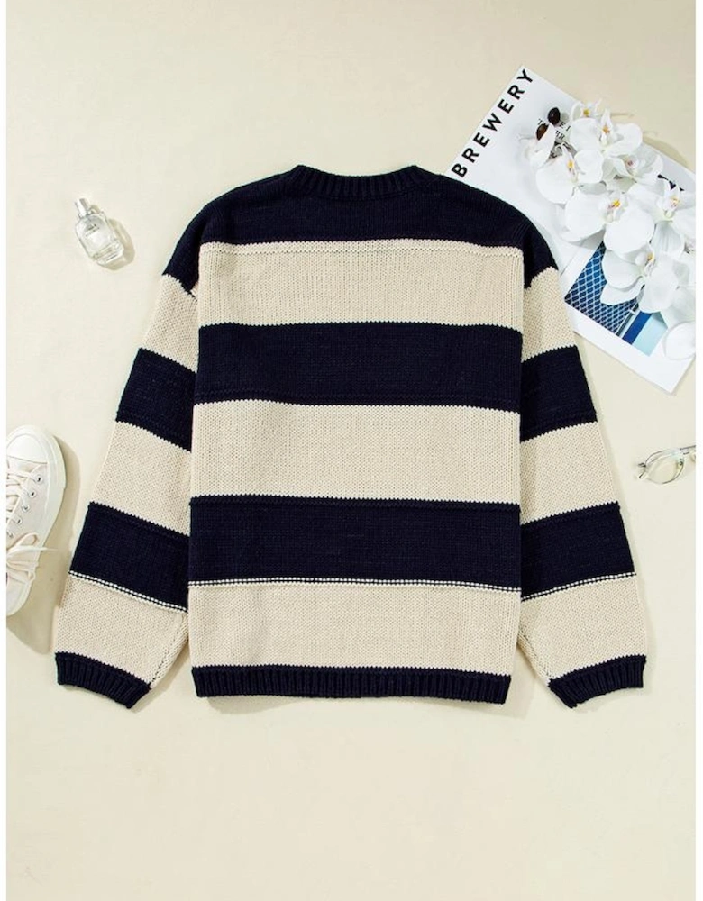 Blue Stripe Color Block PLus Size Drop Shoulder Sweater