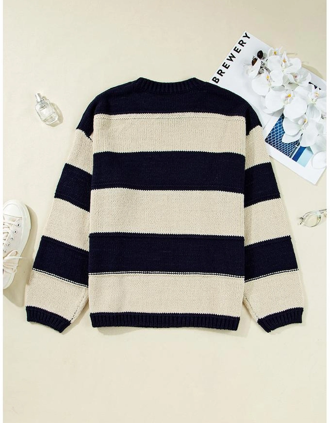 Blue Stripe Color Block PLus Size Drop Shoulder Sweater