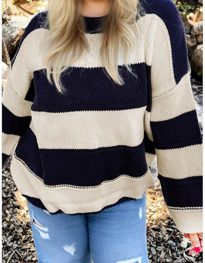 Blue Stripe Color Block PLus Size Drop Shoulder Sweater