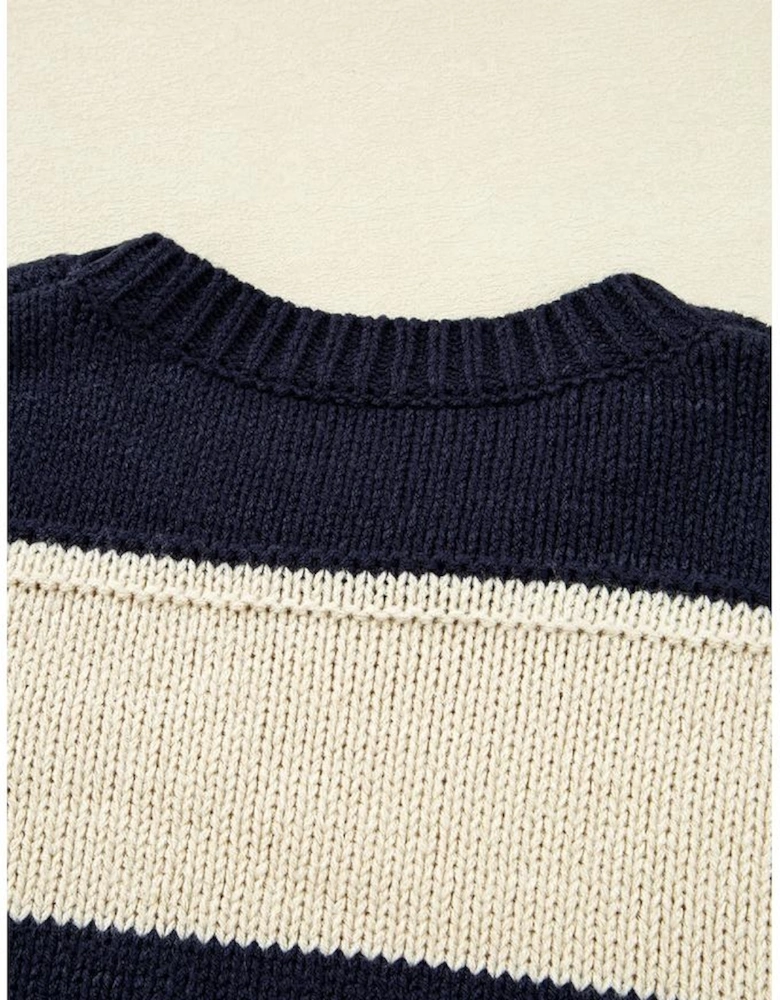Blue Stripe Color Block PLus Size Drop Shoulder Sweater