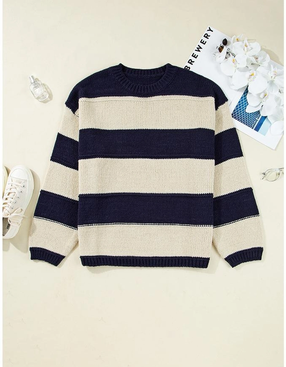 Blue Stripe Color Block PLus Size Drop Shoulder Sweater