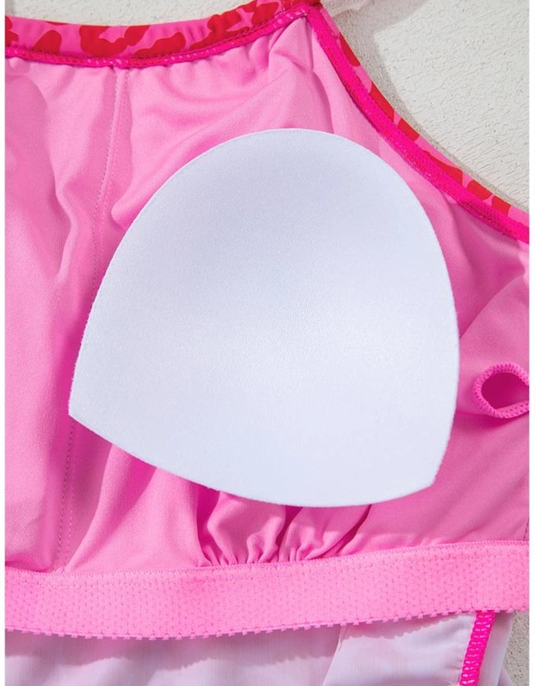 Rose Leopard Drawstring Side Tankini 2pcs Swimsuit