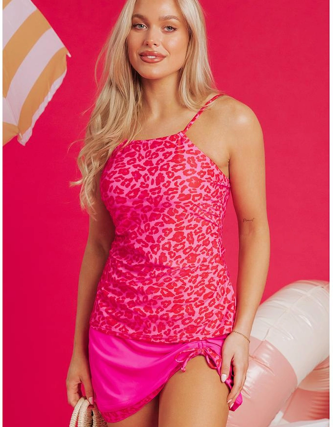 Rose Leopard Drawstring Side Tankini 2pcs Swimsuit