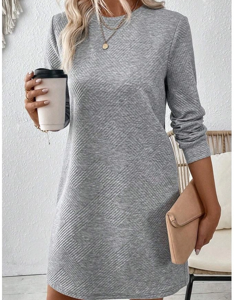 Gray Solid Color Textured Long Sleeve Shift Dress