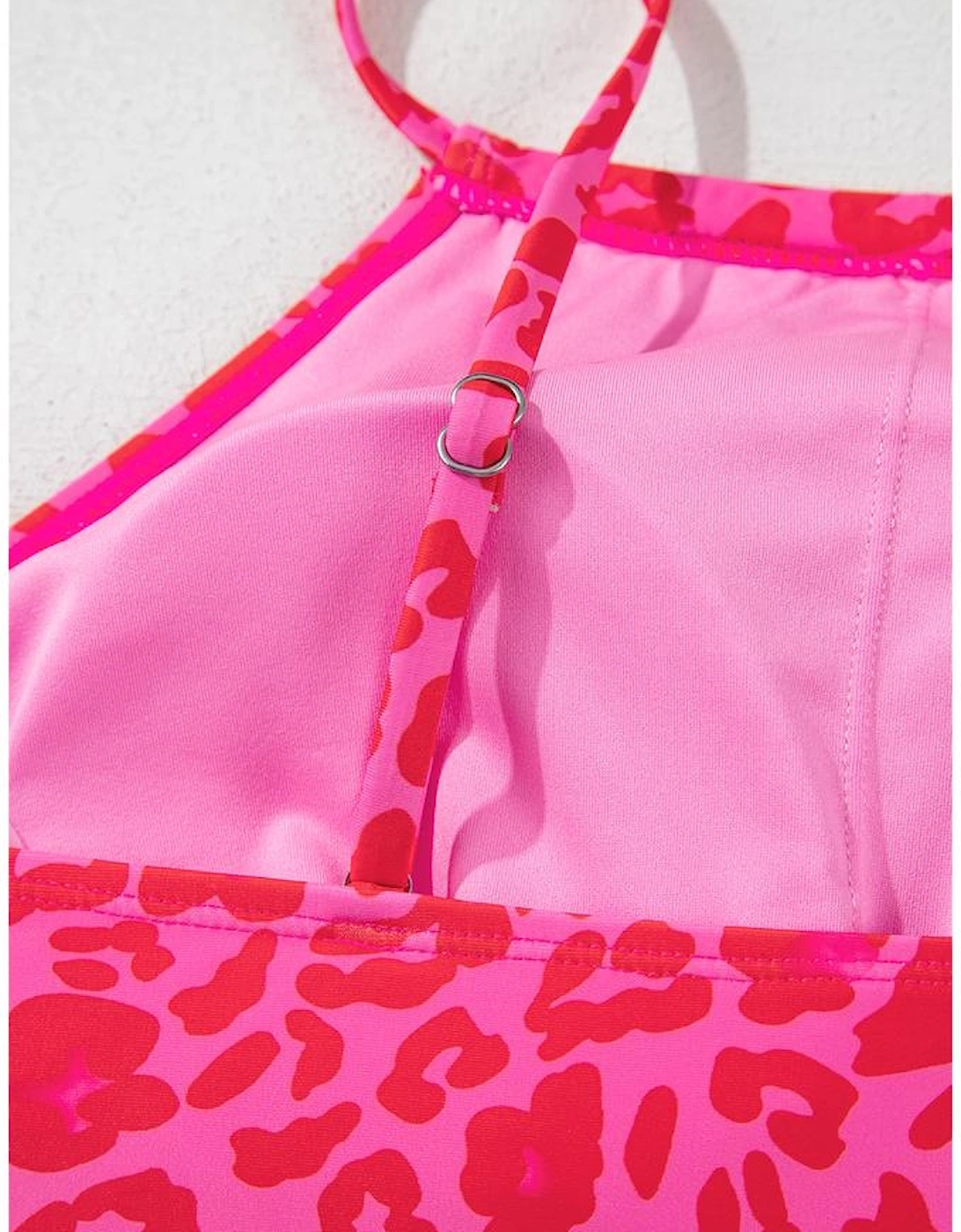 Rose Leopard Drawstring Side Tankini 2pcs Swimsuit