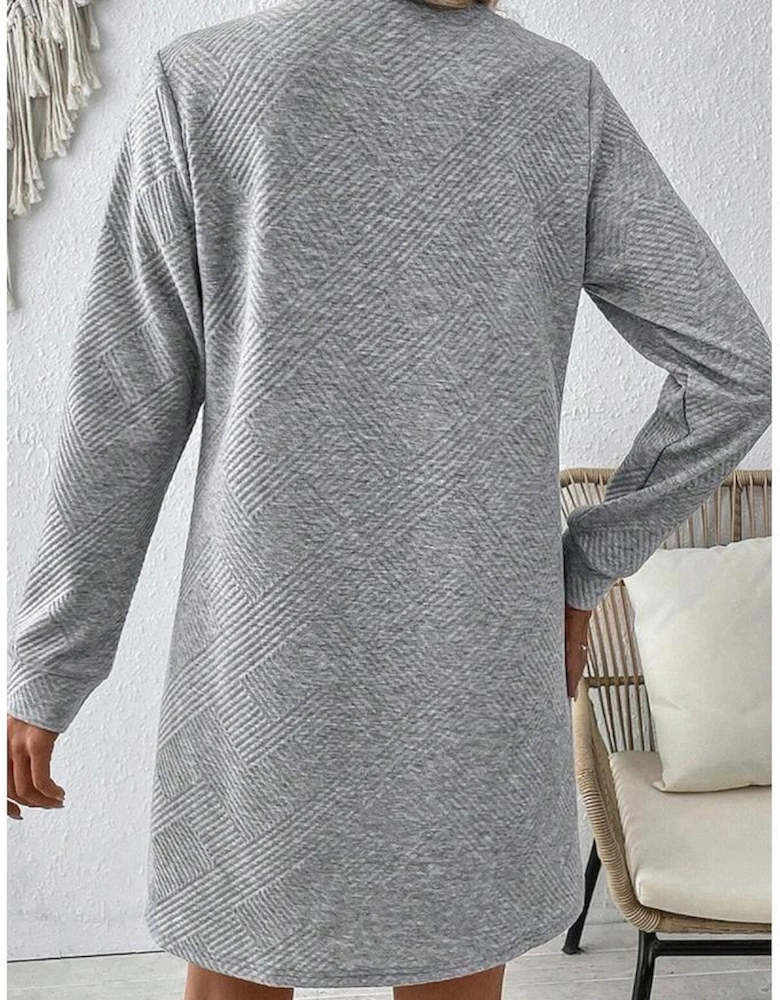 Gray Solid Color Textured Long Sleeve Shift Dress