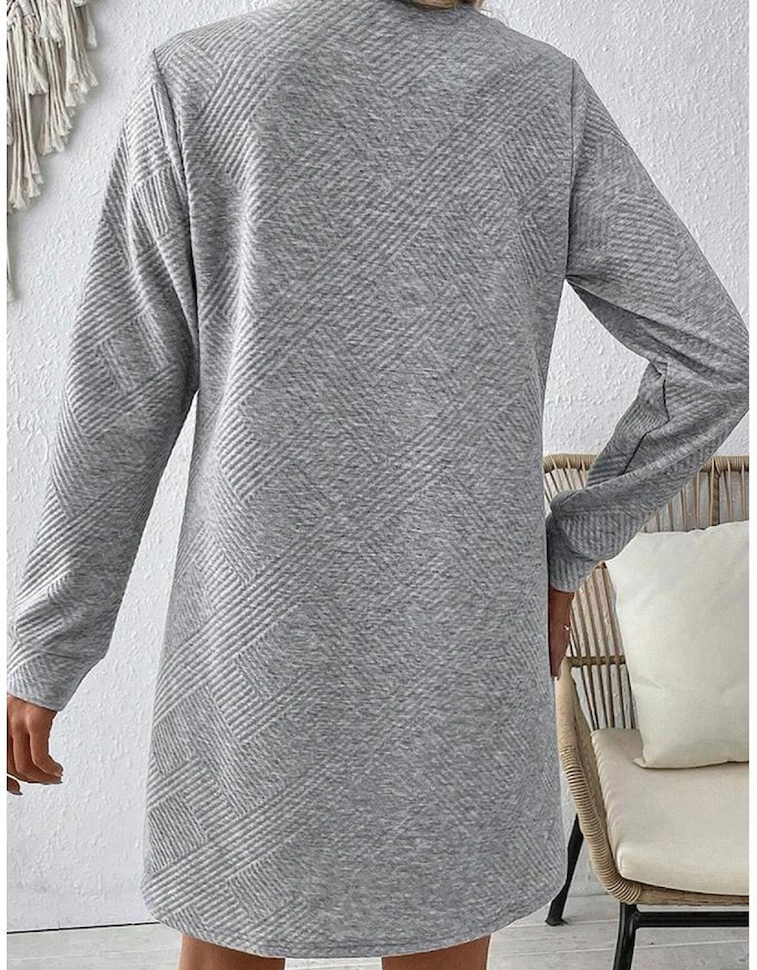Gray Solid Color Textured Long Sleeve Shift Dress