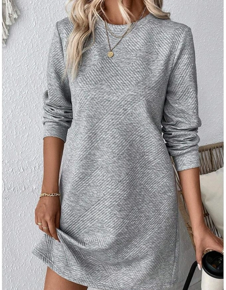 Gray Solid Color Textured Long Sleeve Shift Dress