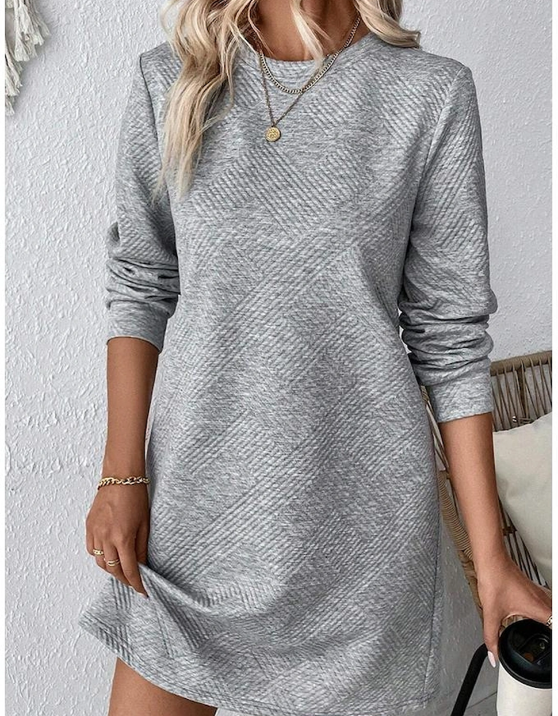 Gray Solid Color Textured Long Sleeve Shift Dress, 8 of 7