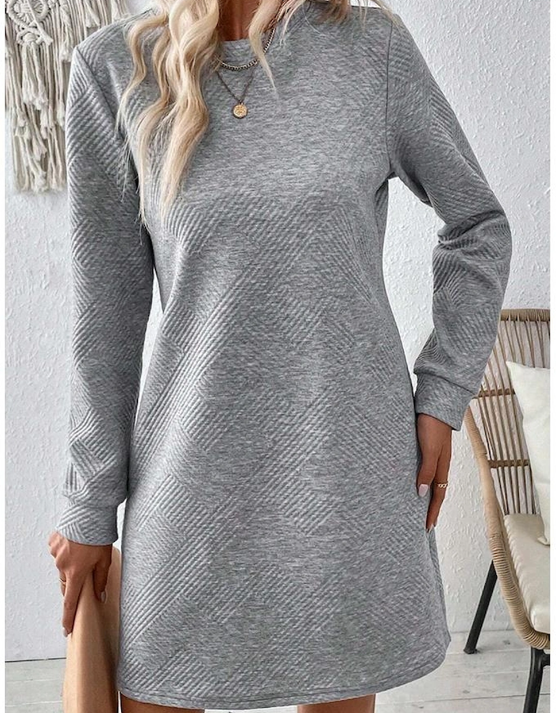 Gray Solid Color Textured Long Sleeve Shift Dress