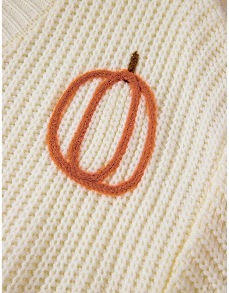 Beige Cable Knit Pumpkin Raw Hem V Neck Loose Sweater