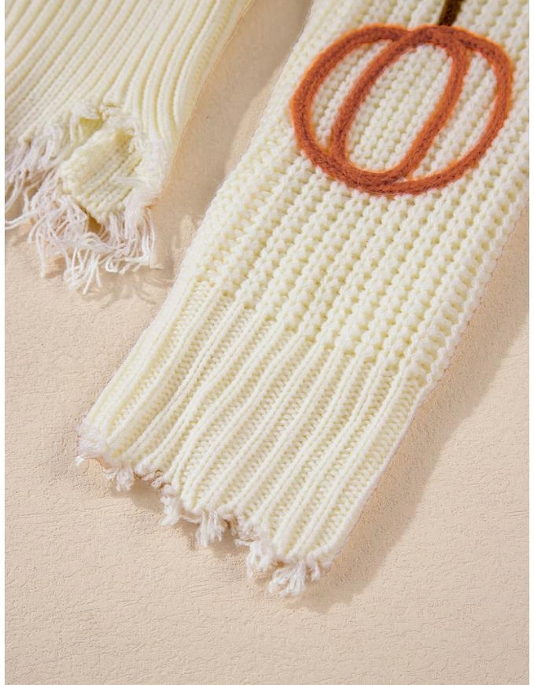 Beige Cable Knit Pumpkin Raw Hem V Neck Loose Sweater