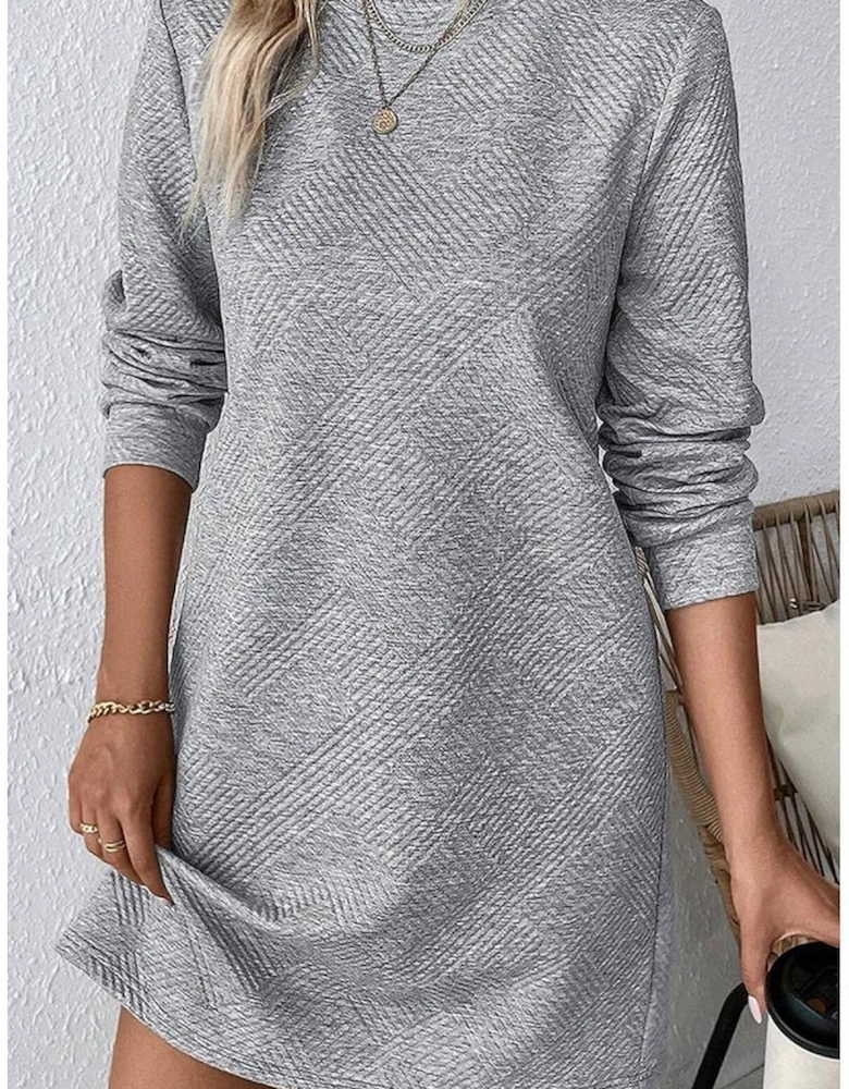 Gray Solid Color Textured Long Sleeve Shift Dress