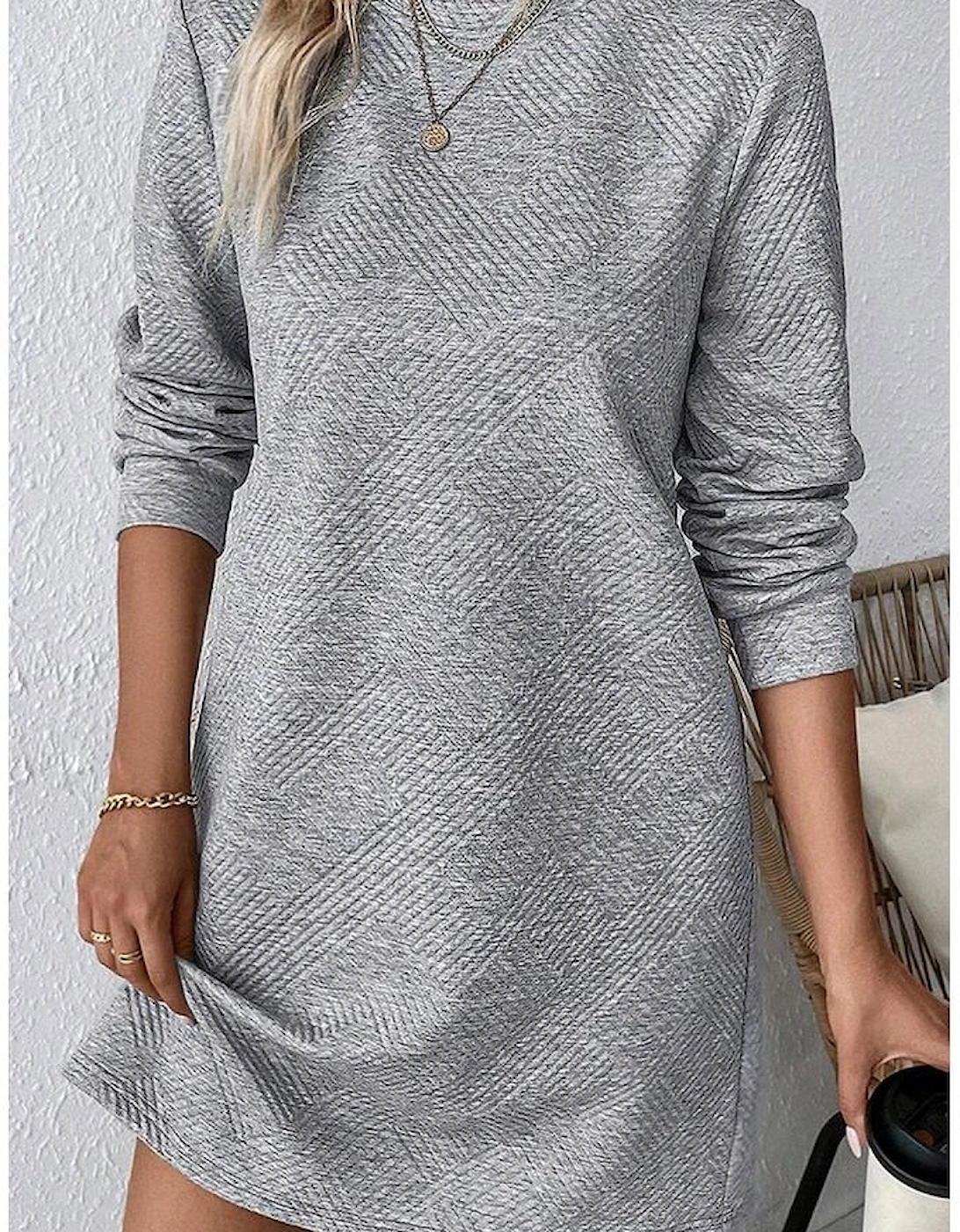Gray Solid Color Textured Long Sleeve Shift Dress