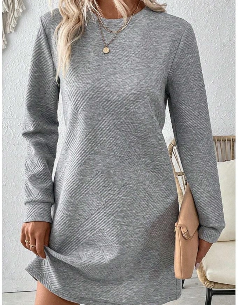 Gray Solid Color Textured Long Sleeve Shift Dress