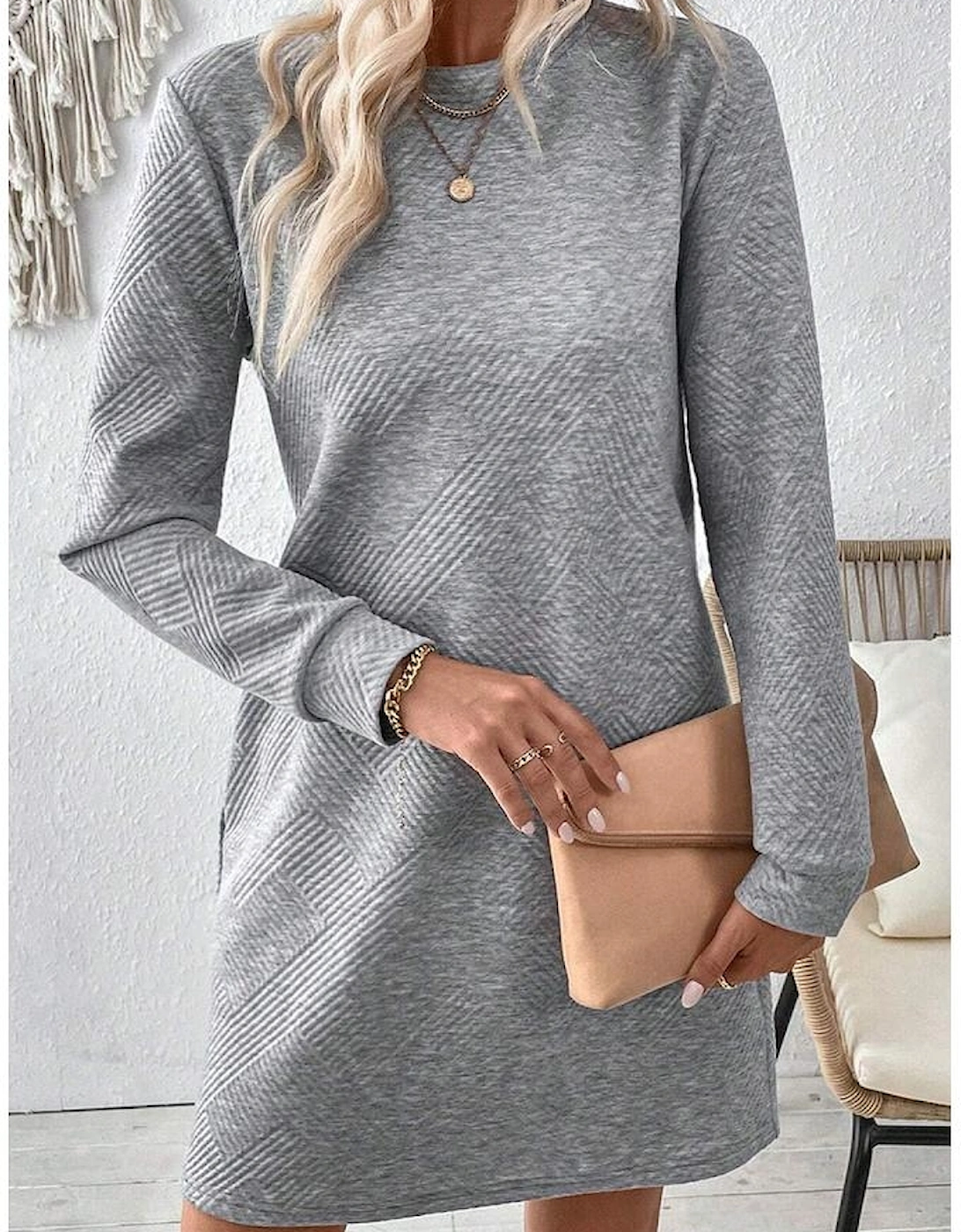 Gray Solid Color Textured Long Sleeve Shift Dress